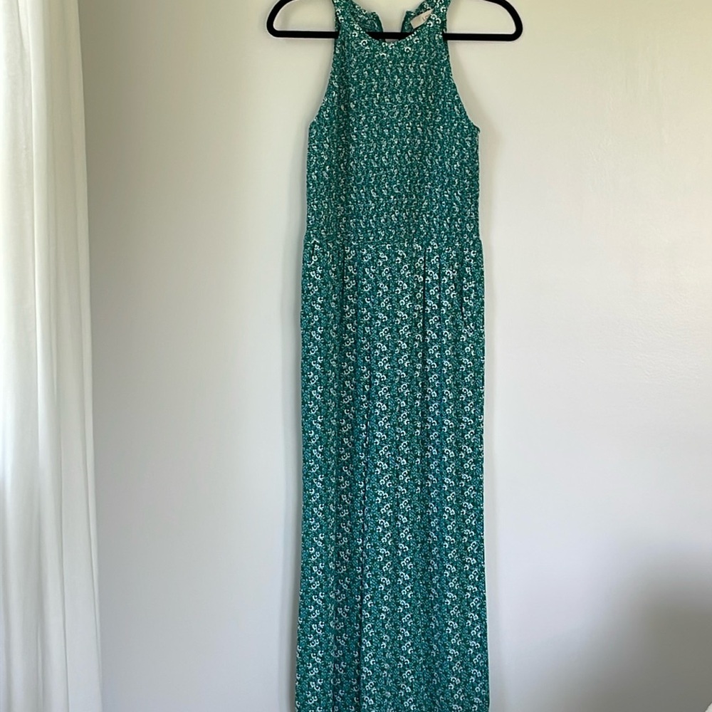 Loft size2 green and blue smocked top zipper in back jumpsuit with wide leg NWOT